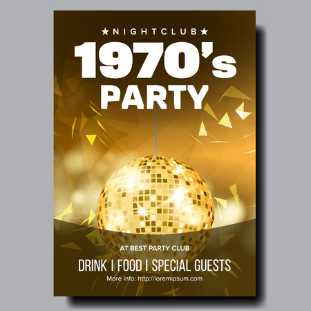 Colorful 1970 Party In Nightclub Banner Vector. Bright Poster Invitation With Disco Sphere In Club For Dancing And Listening Music Of One Thousand Nine Hundred Seventy. Flat Cartoon Illustrationのイラスト素材
