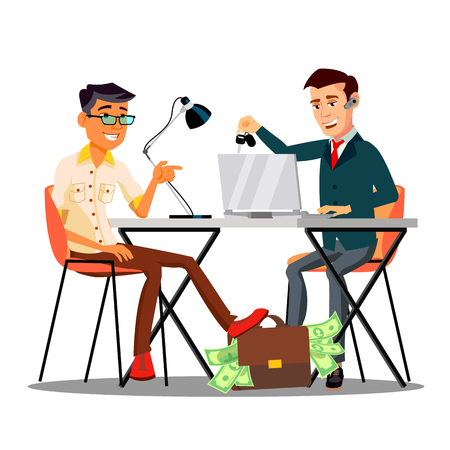 Happy Character Dealer Sold Car Customer Vector. Smiling Man Giving Bag With Money To Dealer And Take Keys From Automobile. Seller Dealership Agent Contract Agreement Flat Cartoon Illustrationのイラスト素材