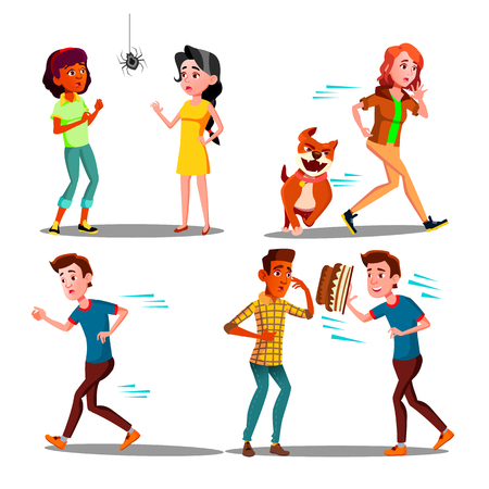 Color Design Afraid Character People Set Vector. Young Woman Afraid Spider And Running Away From Dog, Man Scaring Cake Flying In Face On Birthday. Frightened Flat Cartoon Illustrationのイラスト素材