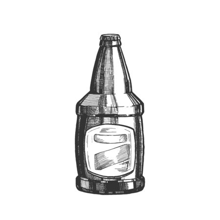 Hand Drawn Glass Bottle With Blank Label Vector. Ink Design Sketch Vintage Bottle Of Alcoholic Froth Drink Lager Or Ale. Concept Monochrome Package With Blank Label Template Cartoon Illustrationのイラスト素材