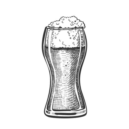 Drawn Standard Pub Glass With Foam Beer Vector. Glass With Pint Light Alcoholic Fresh Cold Brewery Beverage For Celebration Party. Closeup Monochrome Black And White Mockup Cartoon Illustrationのイラスト素材