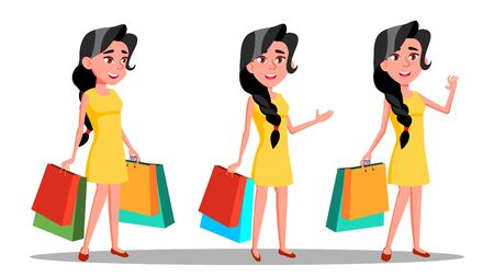 Character Young Woman Shopaholic With Bag Vector. Beautiful Smiling Glamor Girl Enjoyment Shopogolic. Happy Fashion Pretty Brunette Customer With Purchases Flat Cartoon Illustrationのイラスト素材