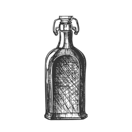 Drawn Blank Whisky Bottle With Flip Cap Vector. Ink Design Sketch Retro Bottle Of Typically Aged Alcoholic Beverage. Mockup Monochrome Black And White Template Glass Container Cartoon Illustrationのイラスト素材