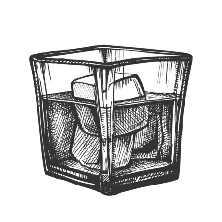 Elegance Glass With Brandy And Ice Cubes Vector. Design Decorative Glass With Frappe Strong Booze Spirit Produced By Distilling Wine. Chilled Classic Alcoholic Drink Cartoon Illustrationのイラスト素材