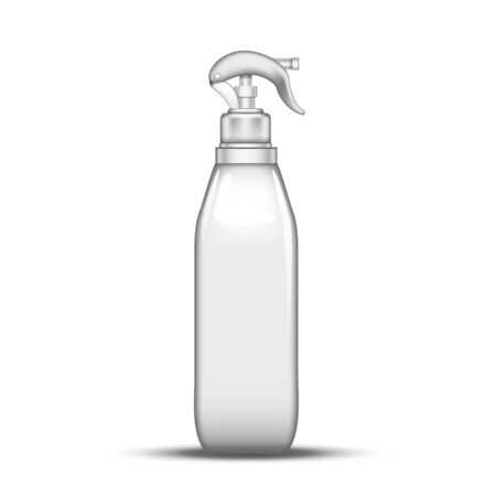 Plastic Atomizer Bottle Pulverization Water Vector. Transparent Glass Bottle Spray Lance With Trigger For Cleanliness Liquid. Refillable Package Device For Scour Fluid Realistic 3d Illustrationのイラスト素材