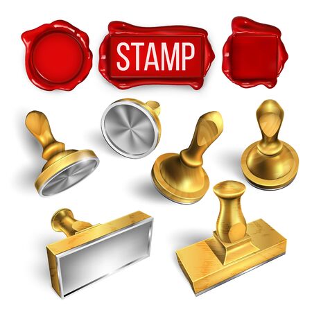 Collection Of Wax Seal And Stamp Cliche Set Vector. Different Form Round And Rectangular, Material Wooden And Metallic Stamp. Office Post Tool For Document And Mail Template Realistic 3d Illustrationのイラスト素材