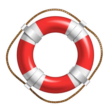 Red And White Lifebuoy For Help Life In Sea Vector. Lifebuoy Of Solid Floating Material In Shape Of Torus. Flotation Hoop With Rope In Bright Color Front View Realistic 3d Illustrationのイラスト素材