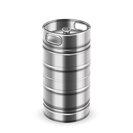 Tall Chrome Metallic Beverage Keg Barrel Vector. Blank Stainless Steel Keg For Bottling And Storage Alcohol Drink Booze In Tavern. Recoverable Container With Fitting Realistic 3d Illustrationのイラスト素材