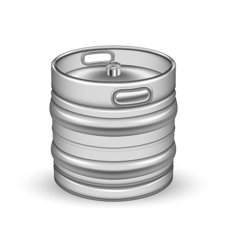 Classic Chrome Metallic Cider Keg Barrel Vector. Blank Small Aluminium Keg For Delivery To Pub And Buffer Storage On Warehouse Carbonated Alcoholic Drink. Container Realistic 3d Illustrationのイラスト素材