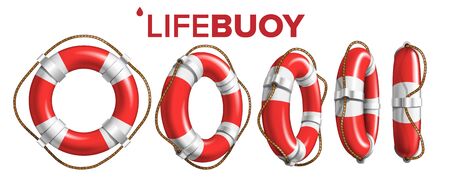 Boat Lifebuoy Ring In Different View Set Vector. Collection Of Red And White Colored Lifebuoy. Classical Ship Equipment Flotation Hoop With Cord For Drowning People In Sea. Realistic 3d Illustrationのイラスト素材