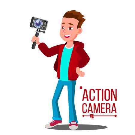Child Boy With Action Camera . Self Video, Portrait. Shooting Process. Cartoon Illustrationの写真素材
