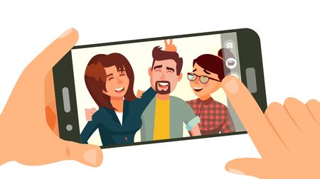 Taking Photo On Smartphone . Smiling People. Modern Friends Taking Horizontal Selfie. Hand Holding Smartphone. Camera Viewfinder. Friendship Concept. Isolated Flat Cartoon Illustrationの写真素材