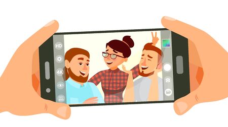 Taking Photo On Smartphone . Smiling Friends Taking Selfie. People Posing. Hand Holding Smartphone. Friendship Concept. Isolated Flat Cartoon Illustrationの写真素材