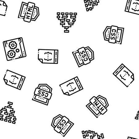 Coding System Vector Seamless Pattern. Binary Coding System, Data Encryption Linear Pictograms. Web Development, Programming Languages, Bug Fixing, HTML, Script Color Contour Illustrationsのイラスト素材