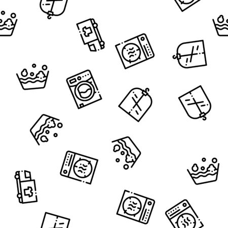 Laundry Service Vector Seamless Pattern. Laundry Service, Washing Clothes Linear Pictograms. Laundromat, Dry-Cleaning, Launderette, Stain Removal, Ironing Color Contour Illustrationsのイラスト素材