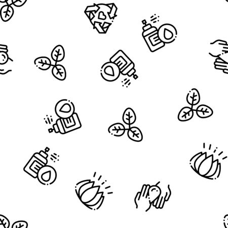 Organic Cosmetics Vector Seamless Pattern. Organic Cosmetics, Natural Ingredient Linear Pictograms. Eco-friendly, Cruelty-free Product, Molecular Analysis, Scientific Research Contour Illustrationsのイラスト素材