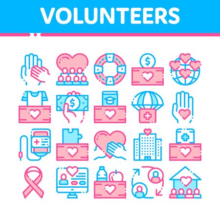 Volunteers Support Vector Thin Line Icons Set. Volunteers Support, Charitable Organizations Linear Pictograms. Blood Donor, Food Donations, Financial Help, Humanitarian Aid Color Contour Illustrationsのイラスト素材