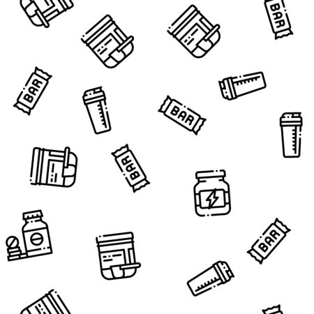 Sport Nutrition Cells Seamless Pattern. Sport Nutrition for Sportsmen Linear Pictograms. Dietary Nutrition, Protein Ingredients, Wheys, Bars for Bodybuilding Color Contour Illustrationsの写真素材