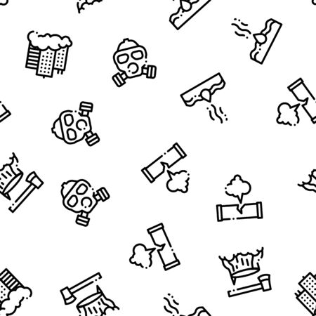 Pollution of Nature Seamless Pattern. Environmental Pollution, Chemical, Radiological Contamination Linear Pictograms. Gas, CO2 Emissions, Dirty Soil, Water, Air Color Contour Illustrationsの写真素材