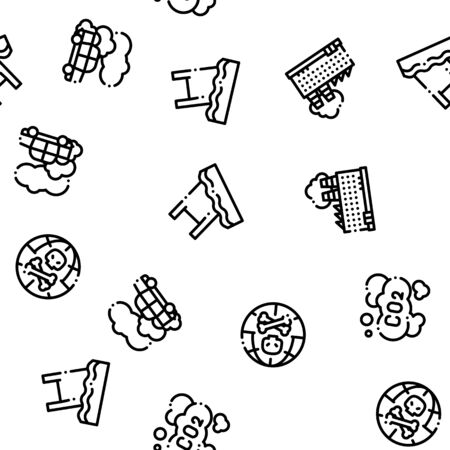 Pollution of Nature Seamless Pattern. Environmental Pollution, Chemical, Radiological Contamination Linear Pictograms. Gas, CO2 Emissions, Dirty Soil, Water, Air Color Contour Illustrationsの写真素材