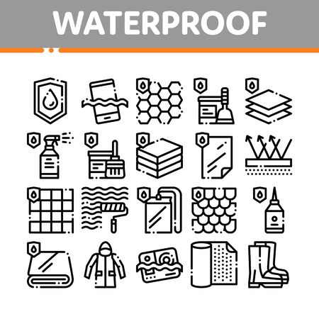 Waterproof Materials Thin Line Icons Set. Waterproof Material For Personal, Industrial Use Linear Pictograms. Water Resistant Device, Clothes, Moisture Absorbing Substance Contour Illustrationsの写真素材