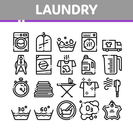 Laundry Service Thin Line Icons Set. Laundry Service, Washing Clothes Linear Pictograms. Laundromat, Dry-Cleaning, Launderette, Stain Removal, Ironing Color Contour Illustrationsの写真素材