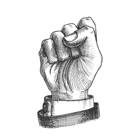 Man Hand Clenched Finger In Fist Gesture Vector. Male Arm Gesture Showing Sign Power Or Disagree. Businessman Wrist Gesturing Signal Monochrome Designed Closeup Cartoon Illustrationのイラスト素材