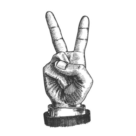 Hand Gesture Peace Symbol Two Finger Up Vector. Man Arm Gesture Showing Scissors Or Freedom Sign. Male Wrist Gesturing Cheer Signal Black And White Hand Drawn Closeup Cartoon Illustrationのイラスト素材