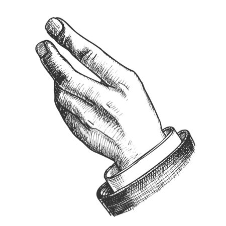 Businessman Hand Make Gesture Handdrawn Vector. Man Extended Forefinger And Middle Finger Showing Gesture Like Holding And Smoking Cigarette. Gesturing Signal Designed in Retro Style Illustrationのイラスト素材