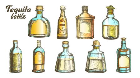 Stylish Collection Tequila Glass Bottle Set Vector. Sketch Of Different Design Modern And Vintage Bottle For Traditional Mexican Alcohol Drink. Bright Assortment Of Liquid Package Color Illustrationsのイラスト素材
