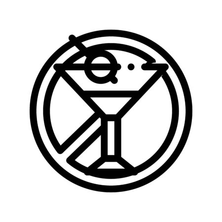 Allergen Free Sign Alcohol Vector Thin Line Icon. Allergen Free Alcoholic Drink Linear Pictogram. Crossed Out Mark Glass With Beverage And Olive Healthy Produce. Monochrome Contour Illustrationsのイラスト素材