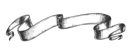 Website Decoration Element Ribbon Doodle Vector. Penciled in Retro Style Blank Ribbon With Triangle Fold Wedge End. Ornamental Tag Element Of Premium Product Monochrome Template Illustrationのイラスト素材