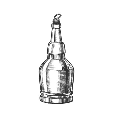 Hand Drawn Screw Cap Closed Bottle Of Beer . Design Sketch Retro Bottle Of Alcoholic Drink Or Carbonated Water. Concept Monochrome Glass Container And Ring On Top Template Cartoon Illustrationの写真素材