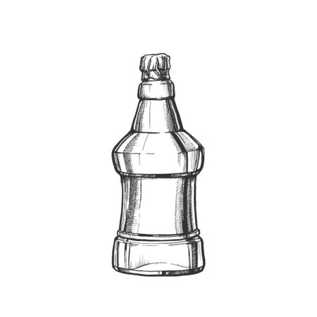 Hand Drawn Blank Embossed Bottle Of Beer . Ink Design Mockup Modern Bottle Of Alcoholic Liquid With Foil On Top. Monochrome Black And White Glass Or Plastic Container Cartoon Illustrationの写真素材
