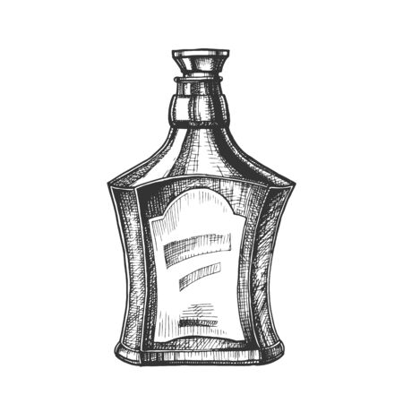 Drawn Scotch Bottle With Style Cork Cap . Ink Design Sketch Bottle Of Traditional Alcoholic Scotland Drink. Concept Monochrome Flask With Blank Label Template Cartoon Illustrationの写真素材
