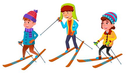 Group Of Character Standing Children Skier . Design Smiling Happy Boy And Girl Skier With Equipment Rider Skiing. Winter Seasonal Vacation Active Extreme Sport Flat Cartoon Illustrationの写真素材