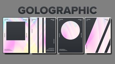 Poster With Abstract Golographic Background . Banner With Golographic Colored Forms And Object. Creative Geometric Line And Wave Shape. Gradient Composition Flat Illustrationの写真素材