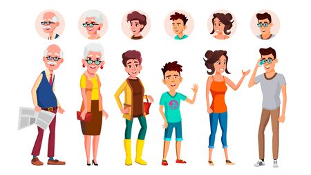 Collection Of Characters Person People Set . Different Age Person Laughing Old Man With Newspaper, Smiling Granny, Young Woman And Teenager. Diverse Folk Flat Cartoon Illustrationの写真素材