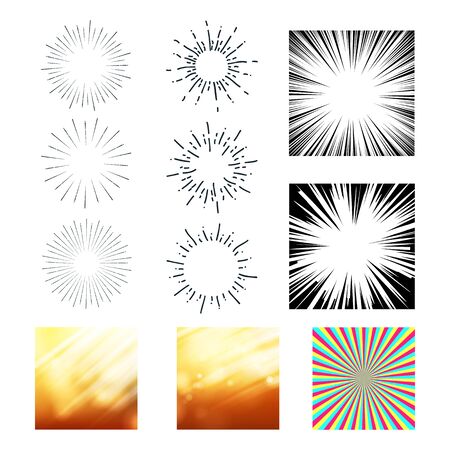 Collection Of Sunrays And Starburst Set . Colorful, Black And White Different Exploding And Stripes Sunrays. Stylish Abstract Glittering Sunbeams Design Flat Cartoon Illustrationの写真素材