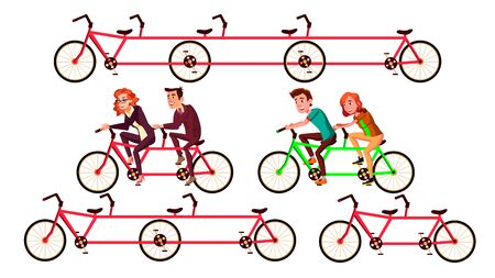 Bicycle Tandem Riding By Characters Set . Bycicle For Friends Activity Healthy Time Or Joint Trip To Work. Happy Smiling Man And Woman Pedaling Quintbike Flat Cartoon Illustrationの写真素材