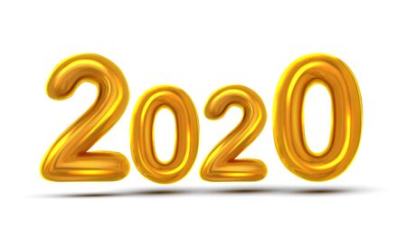 2020 Number New Year Celebration Flyer Vector. Golden Air Blown Two Thousand Twenty 2020 Isolated On White Background. Happy Holiday Shiny Typography Banner Realistic 3d Illustrationのイラスト素材