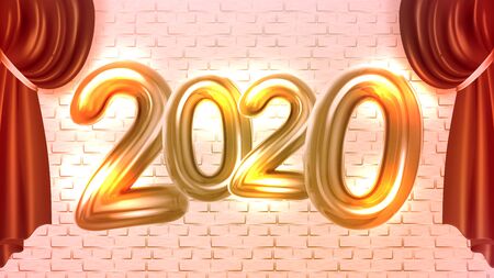2020 New Year Concert Advertising Banner Vector. Number 2020 Two Thousand Twenty Decorated Red Curtain Isolated Vintage Brick Wall On Background Festive Event Placard Realistic 3d Illustrationのイラスト素材