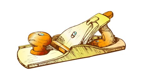 Jack-plane Hand Industry Instrument Closeup Vector. Jack-plane Equipment For Wood Processing And Manufacture Furniture. Carpenter Craft Tool Drawn In Vintage Style Color Illustrationのイラスト素材