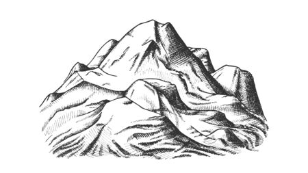 Snow Covering Mountain Landscape Hand Drawn Vector. Hill Crest Mountain Place For Extreme Sport Ski-alpinism, Expedition Concept. Pencil Designed Template Black And White Illustrationのイラスト素材