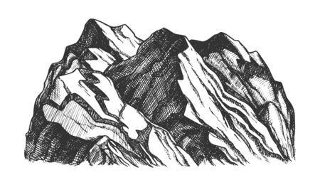 Peak Of Rocky Mountain Landscape Hand Drawn Vector. Mountain Formed Through Geological Process Tectonic Forces. Pencil Designed Slope Clift Hill Template Black And White Illustrationのイラスト素材
