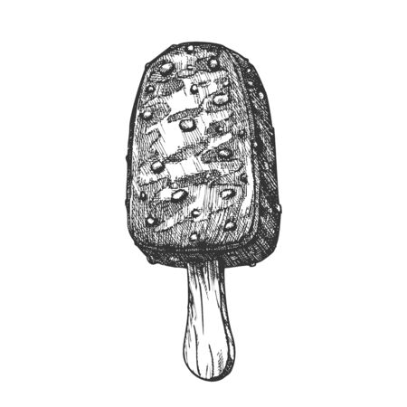 Ice Cream Covering Chocolate And Nuts Ink Vector. Creamy Frozen Dessert With Chocolate Glazed And Hazel On Stick Concept. Cold Delicious Product Designed Template Black And White Illustrationのイラスト素材