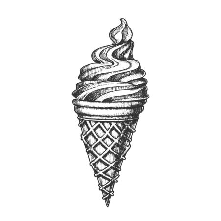 Ice Cream In Waffle Cornet Snow Cone Ink Vector. Whipped Milk Cold Gelato Sweet Dessert Ice Cream Concept. Refreshing Natural Dairy Tasty Snack Designed Template Black And White Illustrationのイラスト素材