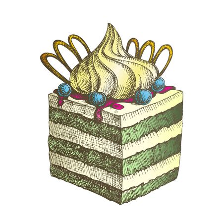 Color Bakery Creamy Cake Sweet Dessert Vintage Vector. Delicious Biscuit Cake Decorated Chocolate And Custard Cream, Candy And Berries Concept. Design Culinary Product Template Illustrationのイラスト素材