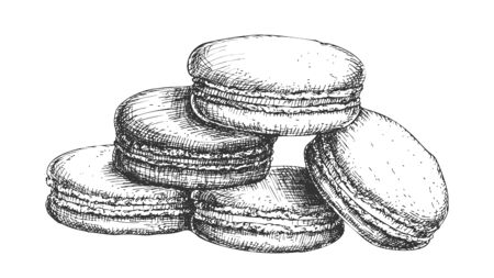 Macaroon Biscuit Sweet Dessert Vintage Vector. French Bakery Confectionery Delicious Cookie Macaroon Concept. Designed In Retro Style Gastronomy Product Template Black And White Illustrationのイラスト素材