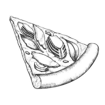 Delicious Freshness Slice Pizza Hand Drawn Vector. Cooked Slice Cheese Pizza With Ingredients Jamon And Artichoke, Basil Leaves And Olive Concept. Designed Pizzeria Food Monochrome Illustrationのイラスト素材